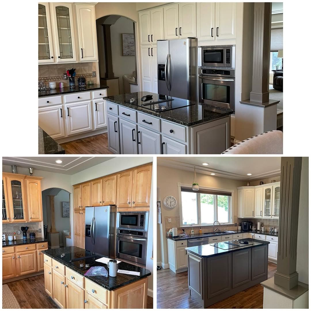 Maple kitchen — creamy white, smoky taupe island